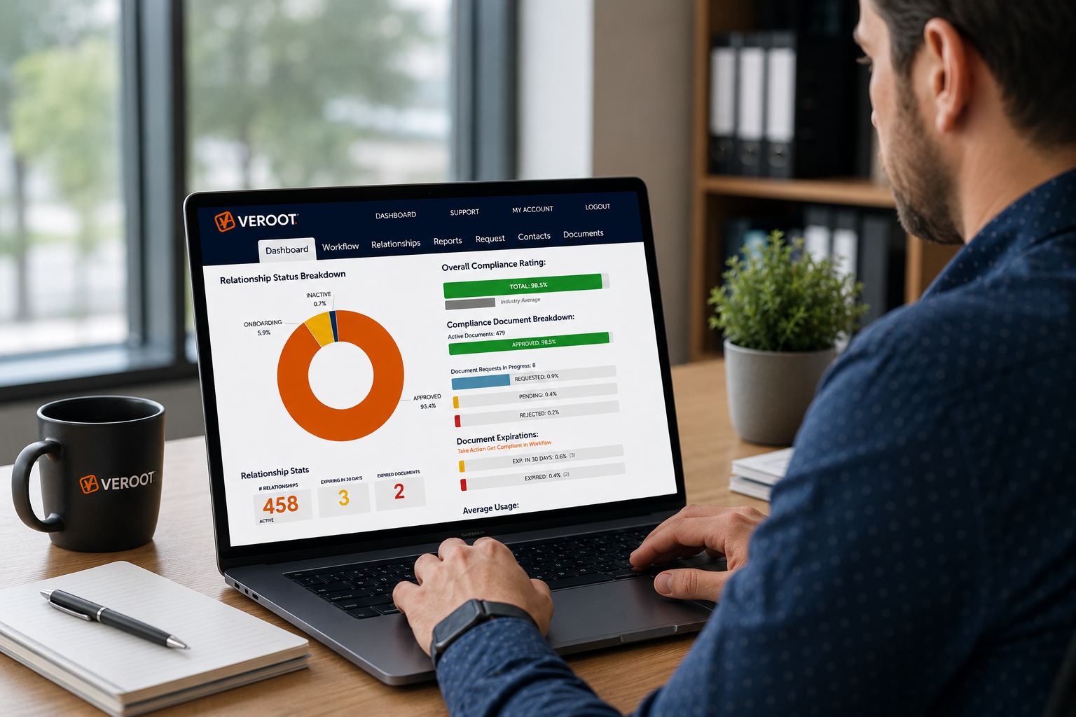 Compliance officer reviewing a current CTPAT business partner roster showing certification status, monitoring cadence, and audit-ready partner records