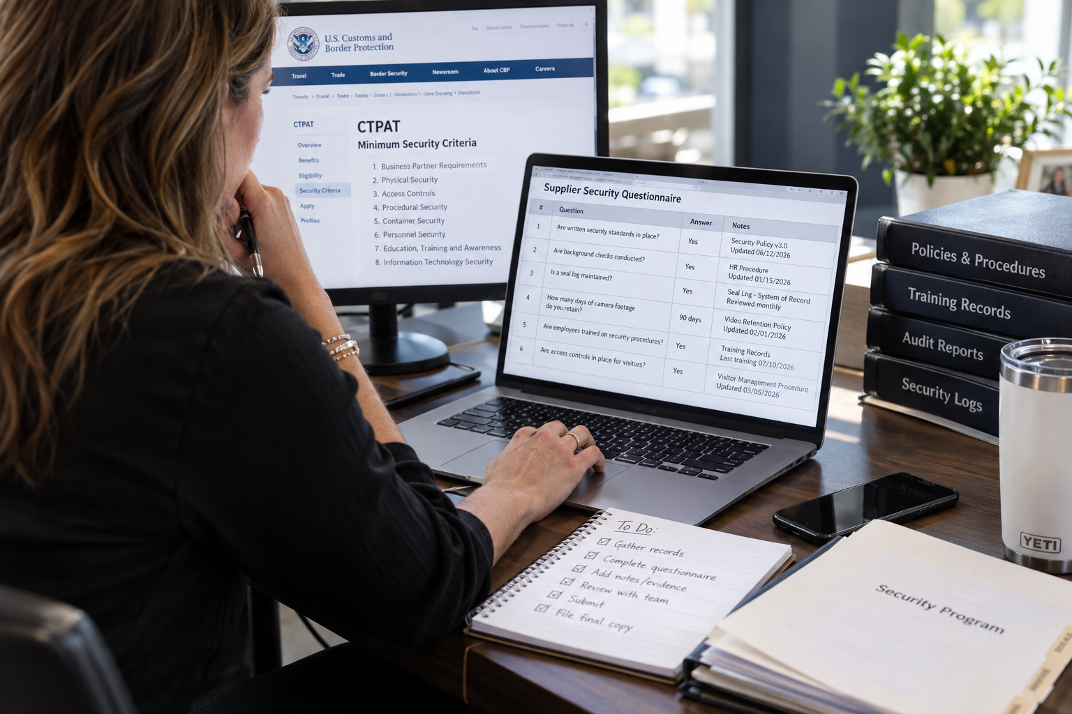 Compliance manager answering a CTPAT security questionnaire by checking dated evidence records