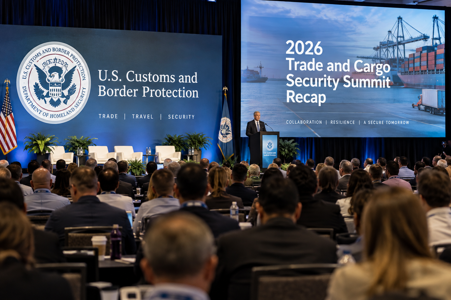 CBP officials addressing trade partners at the 2026 Trade and Cargo Security Summit in Dallas