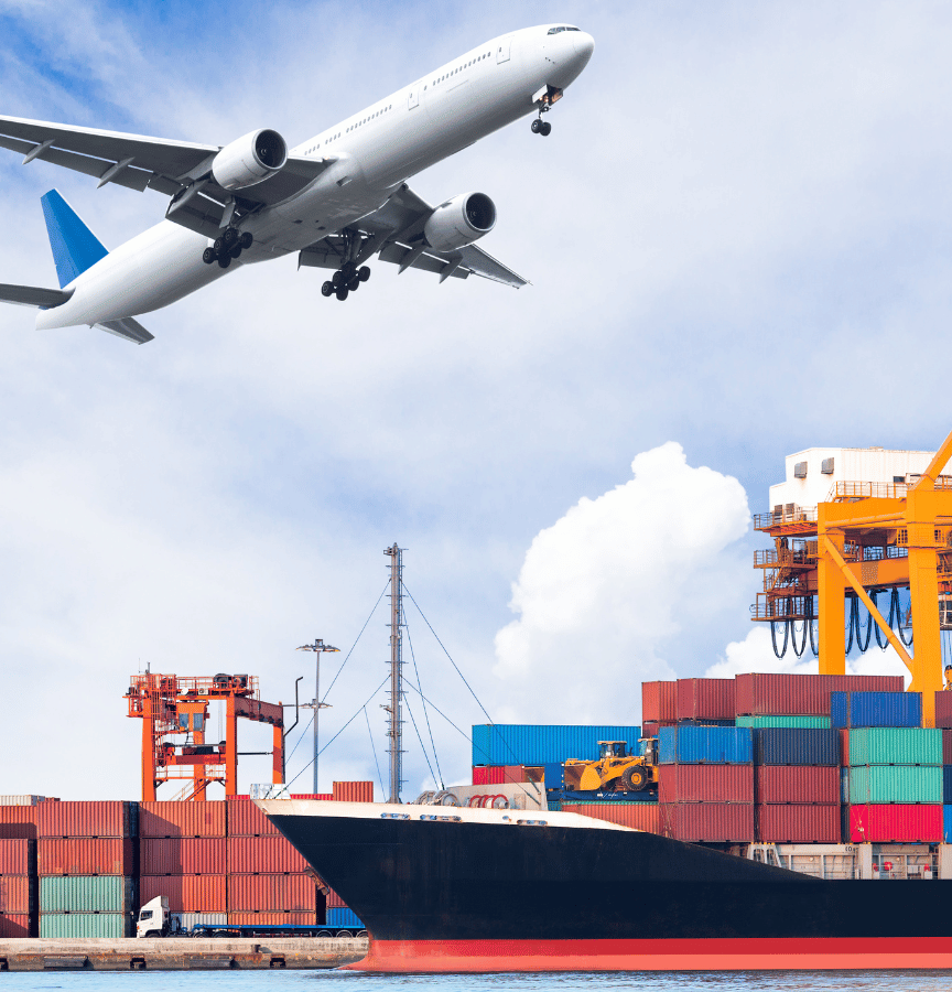 A plane and a cargo ship